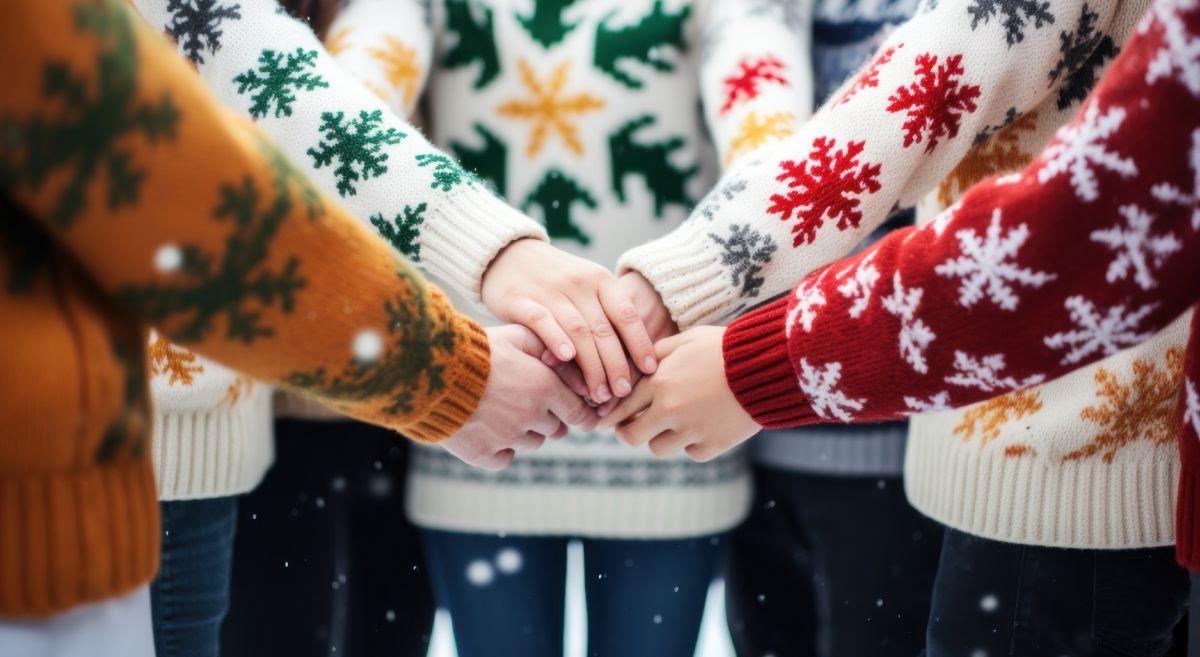 Group of people in festive jumpers holding hands